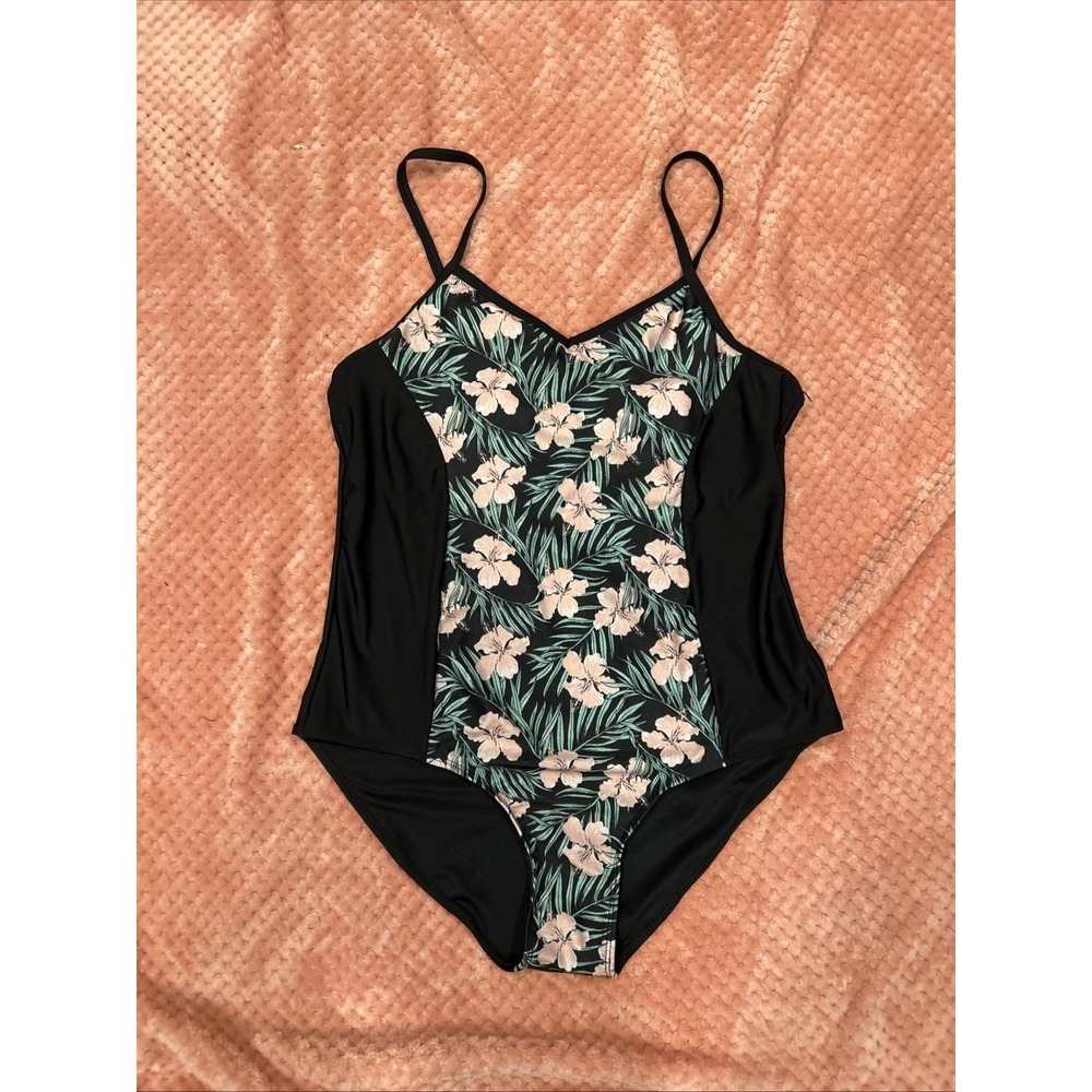 Woman's One Piece Swimsuit Plus Size 1X Black Floral Print Bobbie Brooks